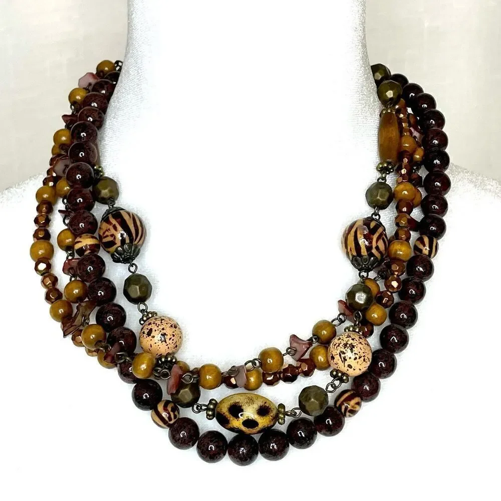 Boho Brown Tan Multi Strand Beaded Necklace Wood Crystal Like